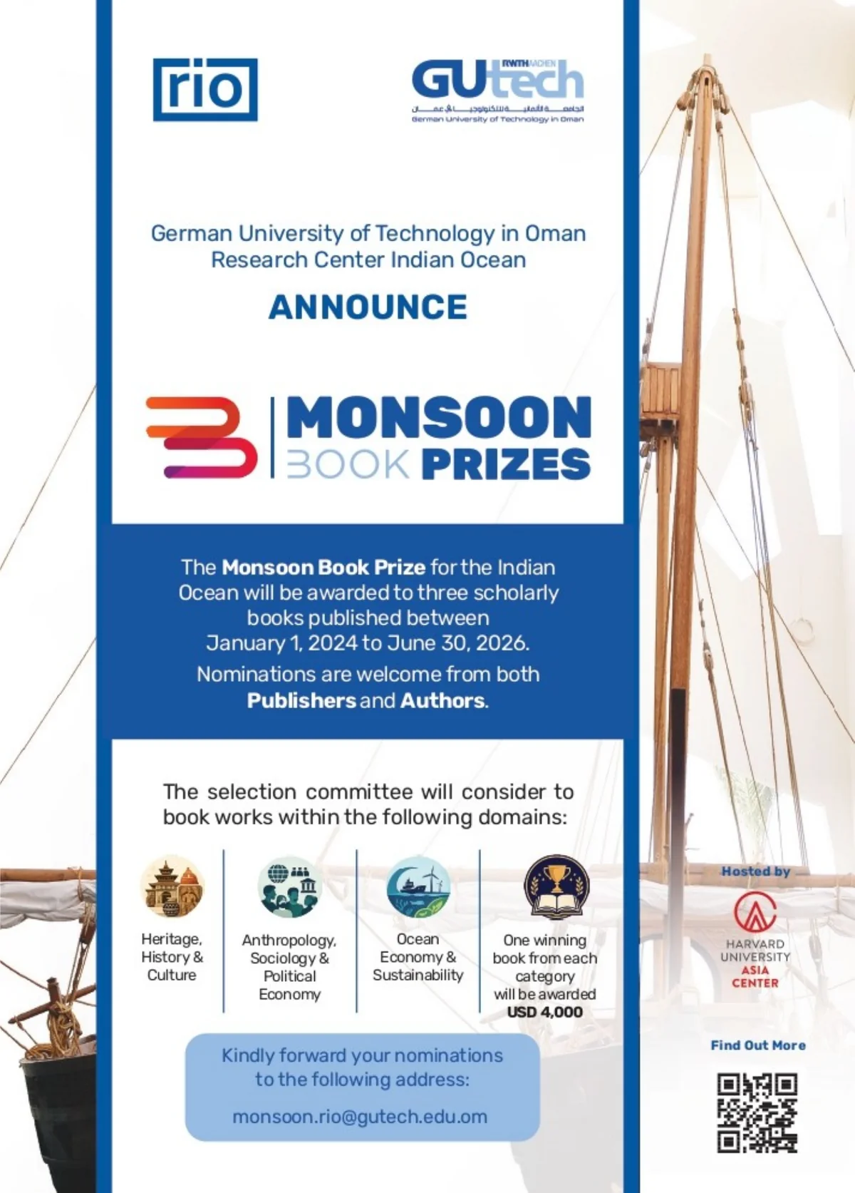Monsoon Book Prizes 2027 poster: call for nominations, hosted by Harvard University Asia Center